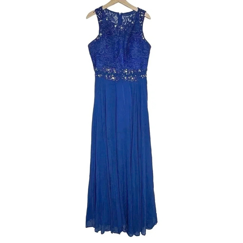 Masquerade Maxi Dress 15 Royal Blue Lace Sequin Beaded Formal Gown Sleeveless